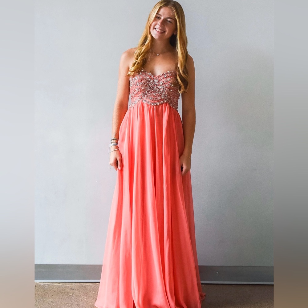 Sherri Hill Embellished Beaded Chiffon Gown Coral Pink Strapless Prom Formal 4/6